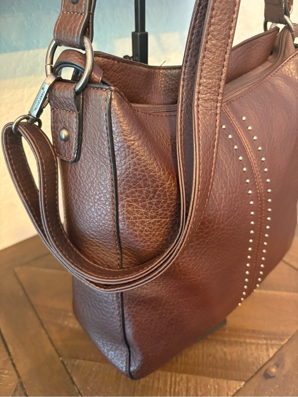 Montana West Dark Brown Studded Leather Shoulder Bag - Picture 5 of 13
